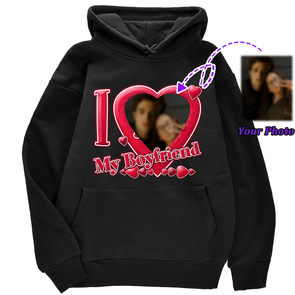 Personalized Couple Photo Custom Mens Hoodie Comfy Fleece Basics Pullovers Street Sport Daily Clothing All-Match Casual Tops