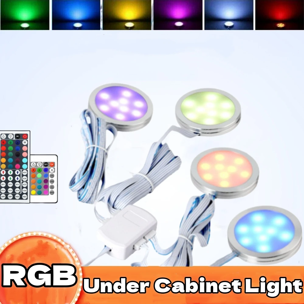 

3/6/9 шт. RGB тонкий светодиодный светильник под шкафом с 24/44 клавишами дистанционного управления 12 В с регулируемой яркостью, круглая лампа для шкафа, витрины