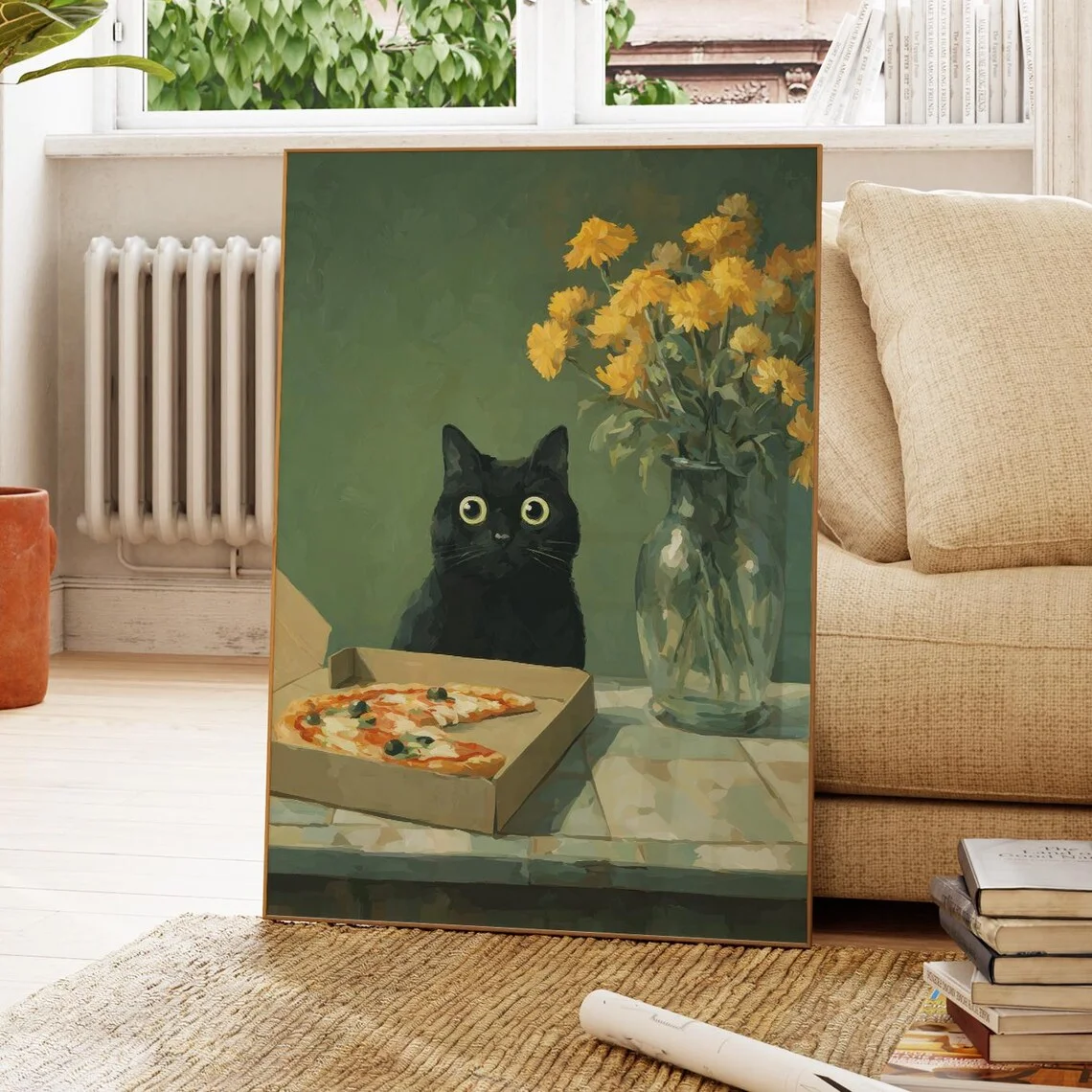 Cozy Cat & Pizza Still Life Wall Art - Charming Print Celebrating Everyday Joy. The deep green backdrop and golden yellow flower