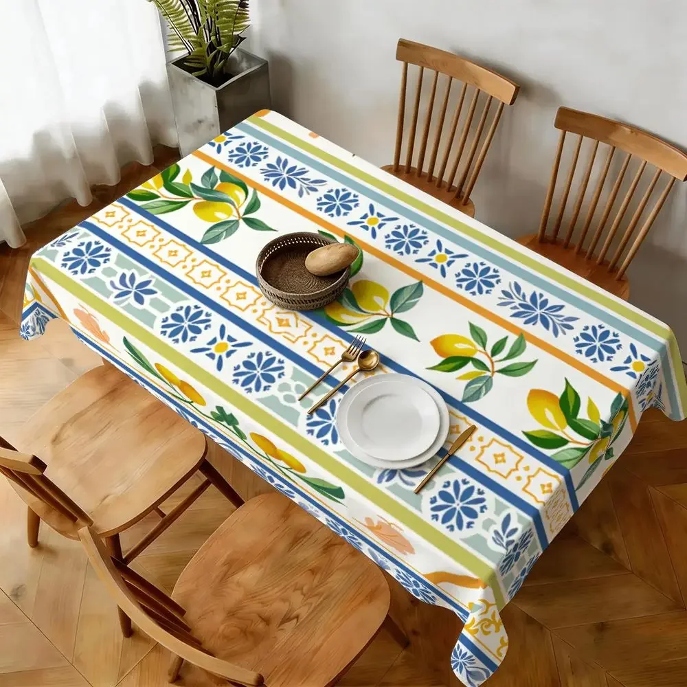 1pc Mediterranean Style Tablecloth Yellow Blue Lemon Floral Print Table Cover For Kitchen Dining Party Decor Dustproof Rectangu