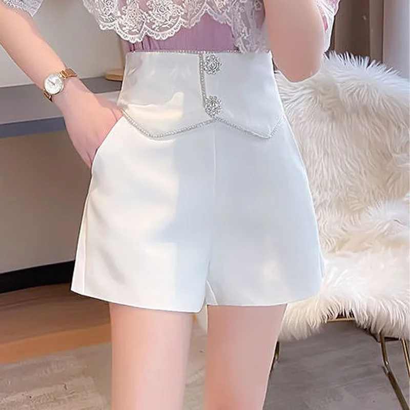 Commute Chic Spliced Diamonds Shorts for Female Summer New Korean Elegant High Waist Loose Solid Color Pants Women\'s Clothing