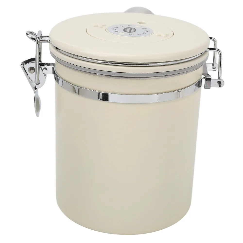 Vacuum Seal Airtight Coffee Canister Stainless Steel Body Airtight Lid Ground Coffee Container White Finish With Scoop