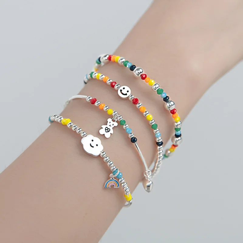 925 Sterling Silver Colorful Beads Ball Bracelet & Bnagle for Women Smiling Face Rainbow Cloud Love Little Bear Hand Jewelry