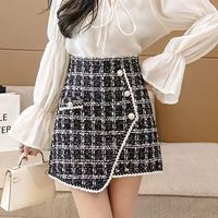 Women's Tweed Skirt with Front Gold Button Textured High Waist Glittery Mini Skirt Autumn Winter Classic