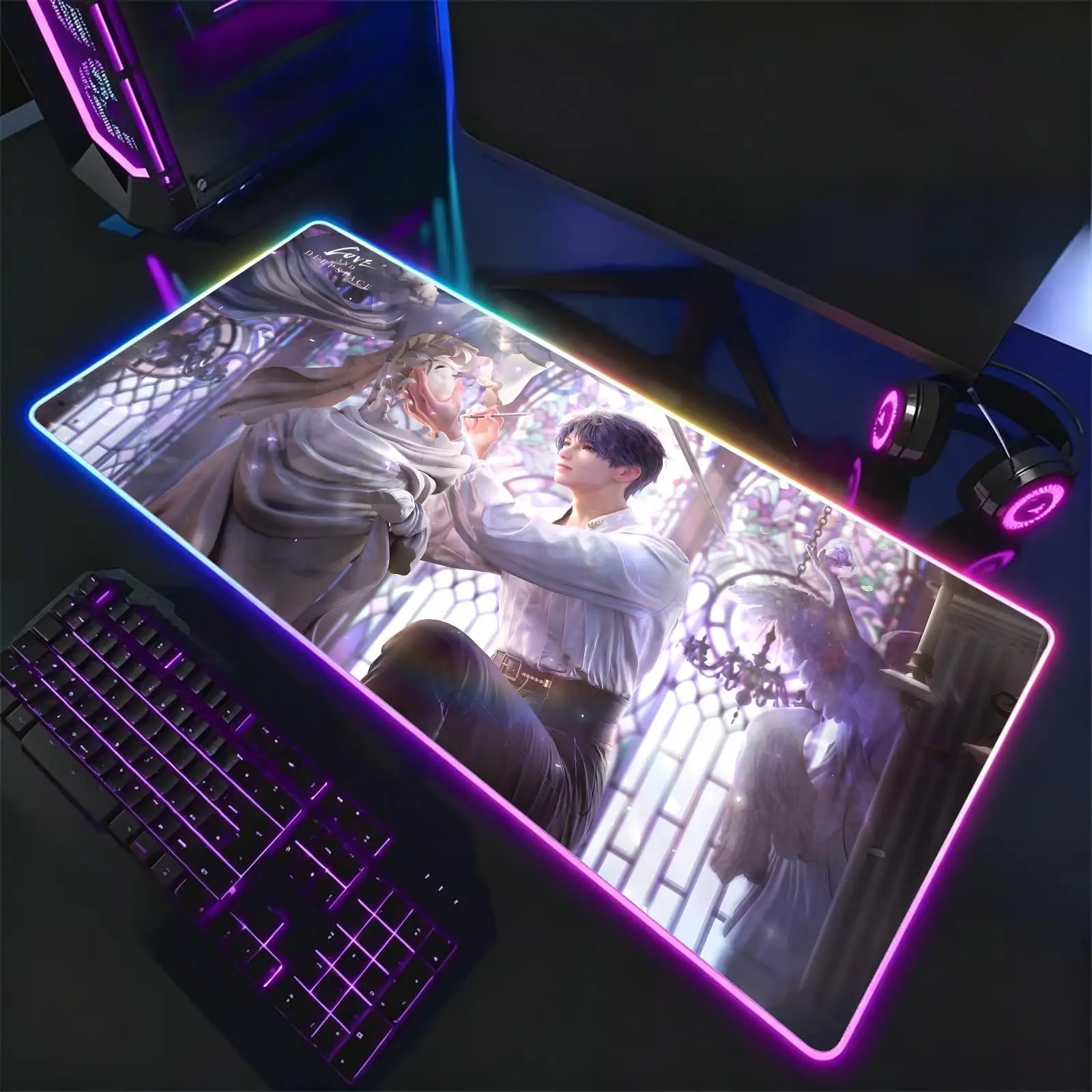 Mouse Pad RGB Color Changing Gaming Mouse Pad, Stitched Edges, XXL Large Keyboard Desk Mat Love and Deepspace