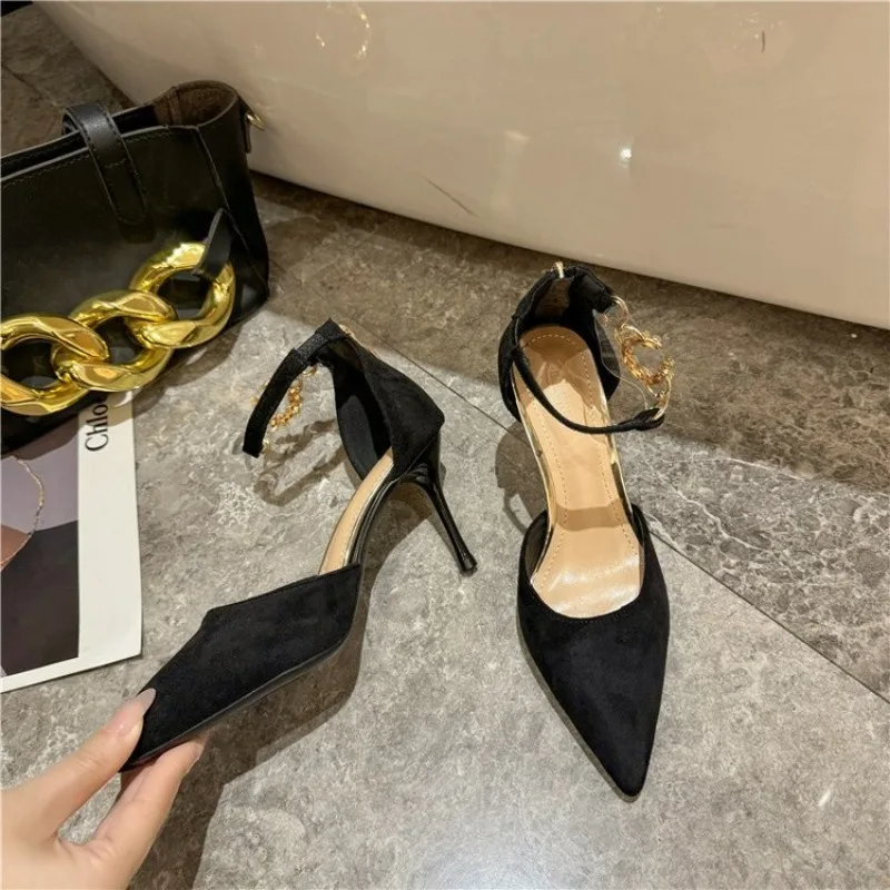 Spring and Autumn High Heel Women New Versatile Thin Heel Professional Pointed Black Buckle Strap Single Shoe Women