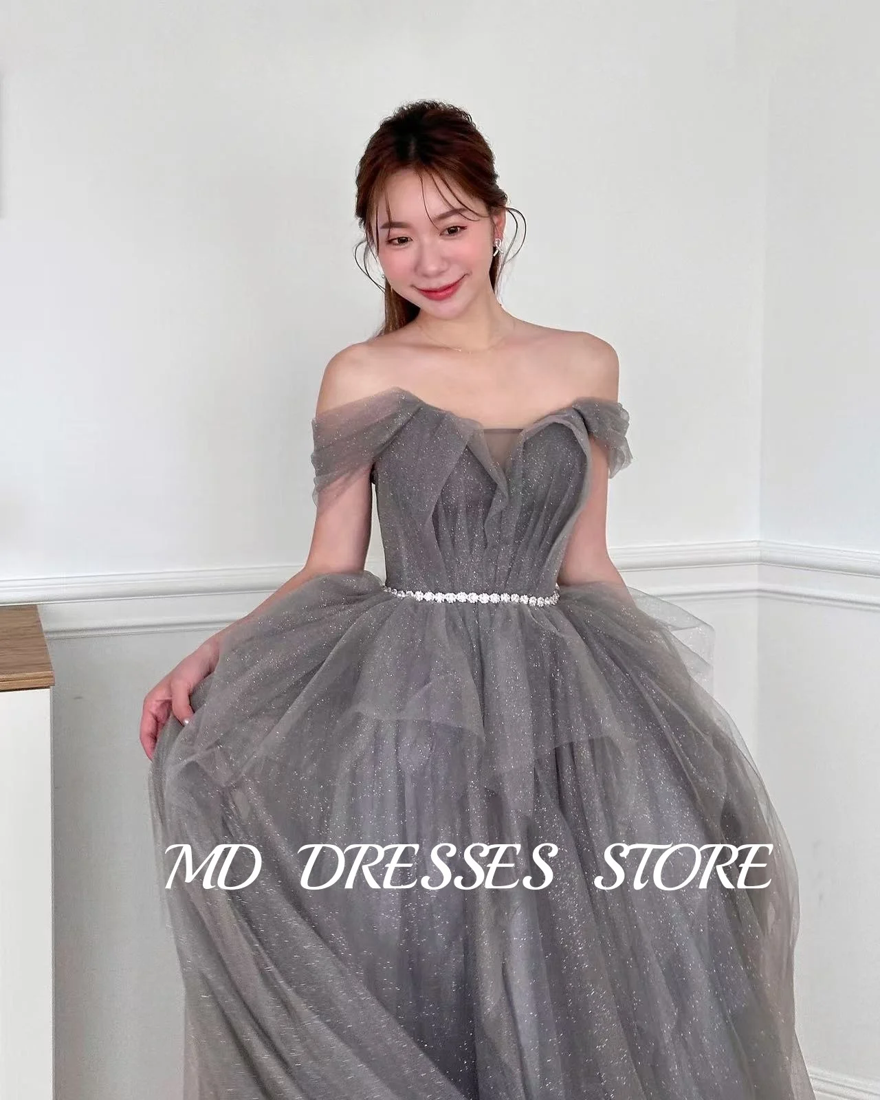 MD Simple Grey Wedding Dresses A-line Tulle Off Shoulder Pleat Korea PhotoShoot Floor-Length Prom Gown Customised Evening Gown