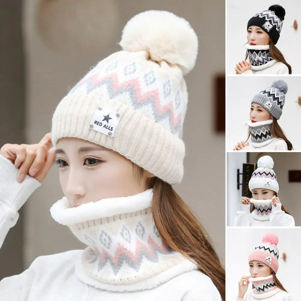 2Pcs/Set Women Hat Neck Warmer Knitted Star Labels Ear Head Neck Thickened Winter Beanie Cap Scarf Kit for Riding