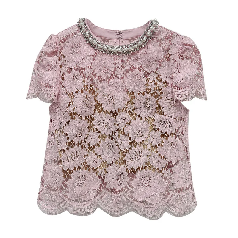 

Luxury Crystal Pink Lace Blouses Women Summer Short Sleeve Eyelashes Lace Pearl Hollow Out Embroidery Tops