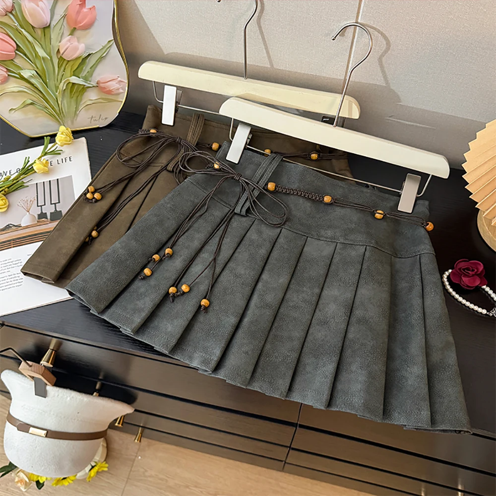 

American Retro Lace-Up Pleated Skirts Delicate Pu A-Line Mini Solid Color Spicy Girl Short Skirts Autumn Winter Party Club Skirt