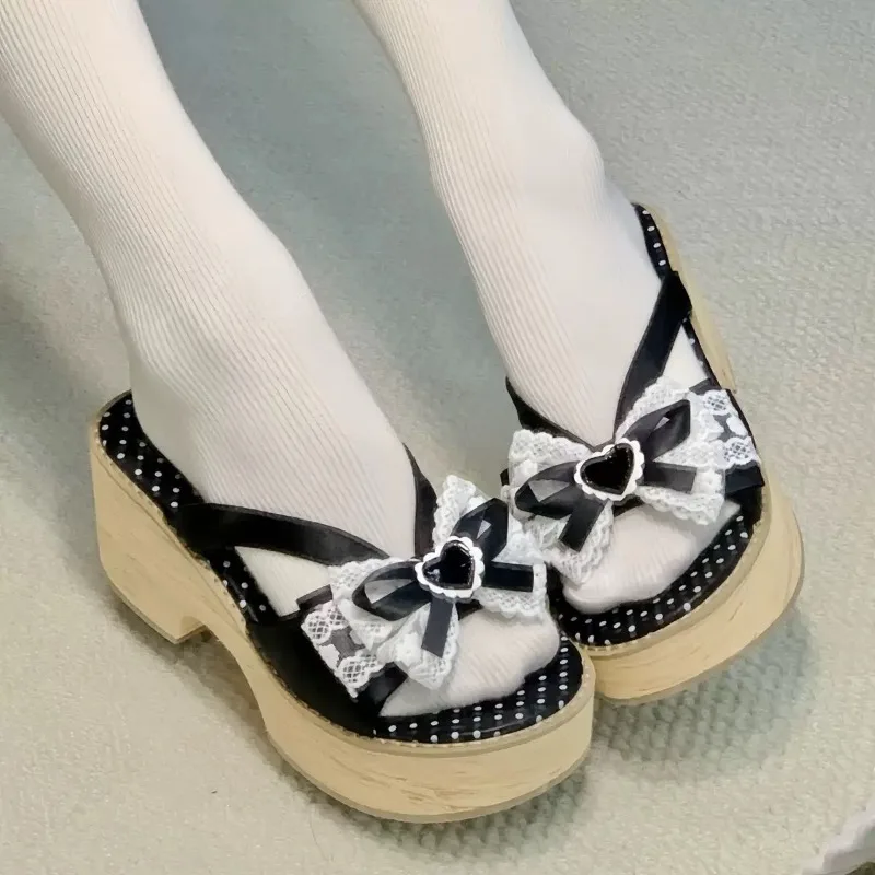 Sweet Bow Wood Grain Thick Bottom Platform Slippers Women Summer Japanese Cos Comfortable High Heeled Sandals view 3