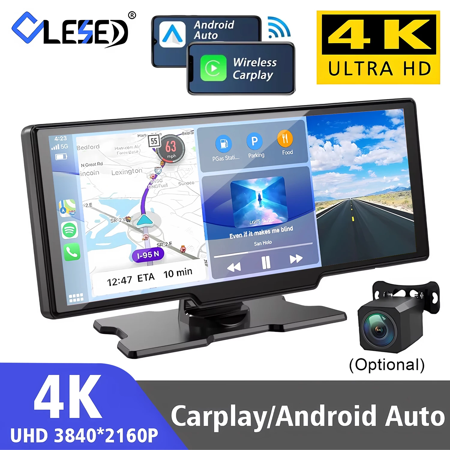 4K Dash Cam 10.26' All in One Car Stereo with Android Auto Carplay Built in WiFi Bluetooth Support GPS 1080P Rear Camera