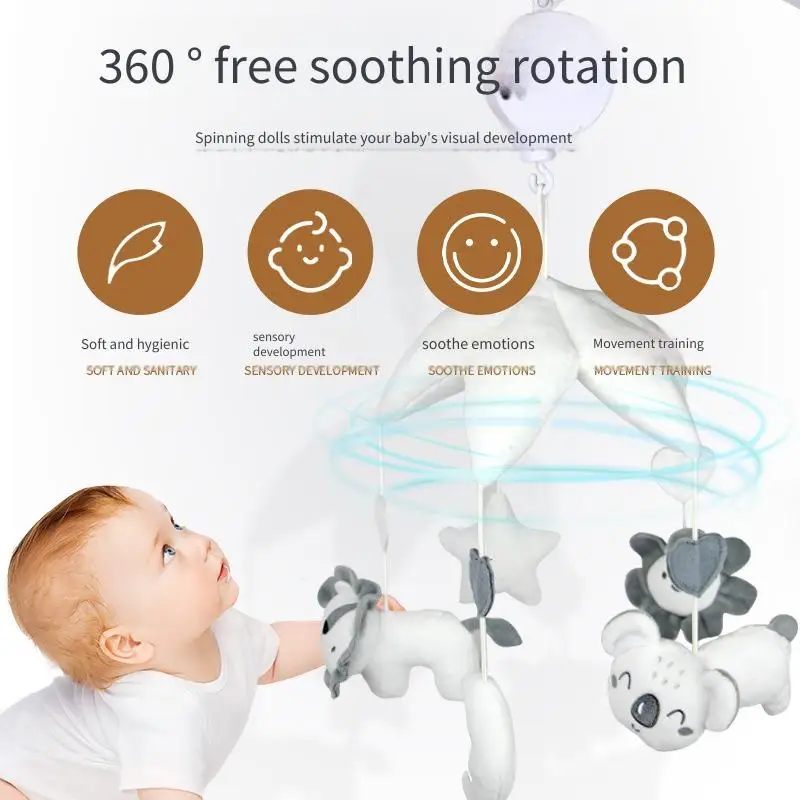 Chocalho de sino para berço de bebê, chocalho para bebês calmantes para dormir, brinquedo de pelúcia, sino pendurado, cinto giratório, suporte de cama, brinquedos para crianças pequenas