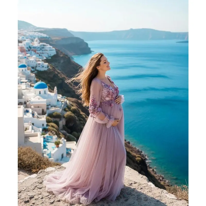 Custom 3D Floral Embroidered Tulle Maternity Gown – Elegant Long Dress for Photoshoot, Baby Shower & Wedding Guest