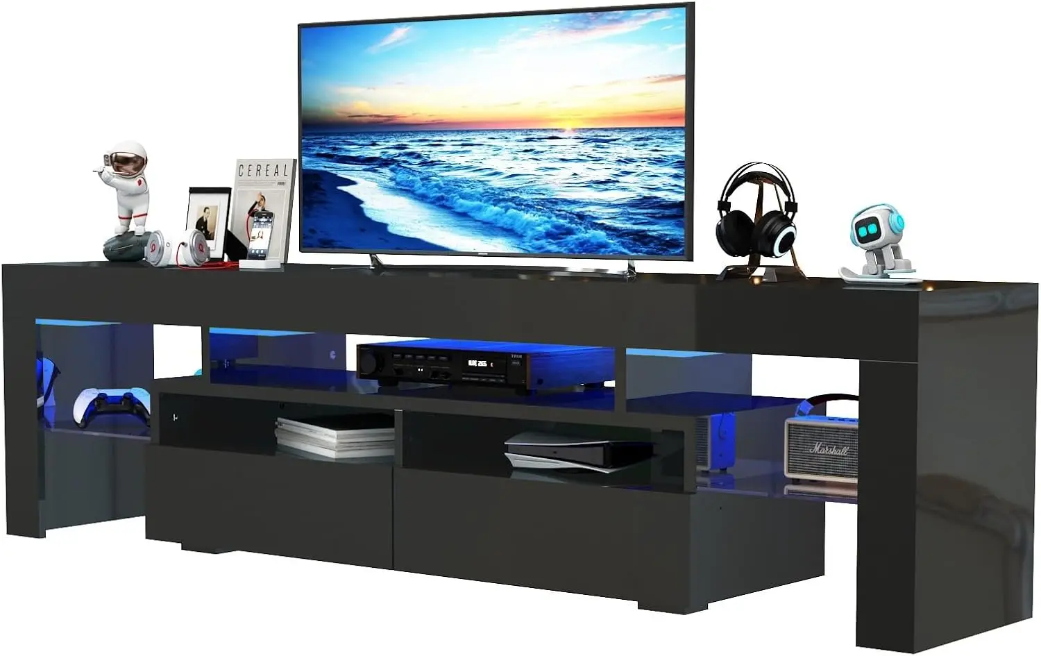 

LED TV Stand for 65/75/85 inch TV, High Glossy Modern Entertainment Center with Drawer and Led Lights, Television Table Media