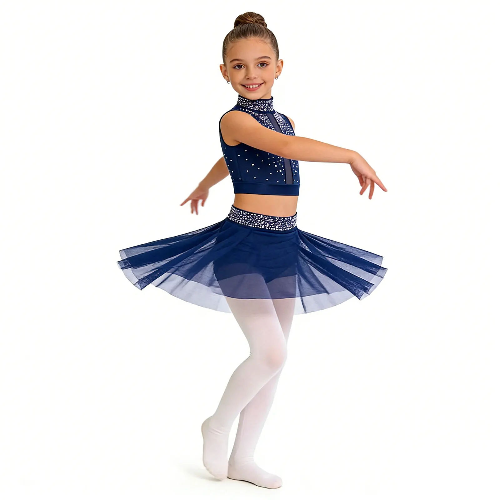 

Kids Girls Lyrical Dancewear Set Ballet Gymnastics Rhinestone One Shoulder Crop Top with Tutu Skirt Outfit Modern Dance Dress
