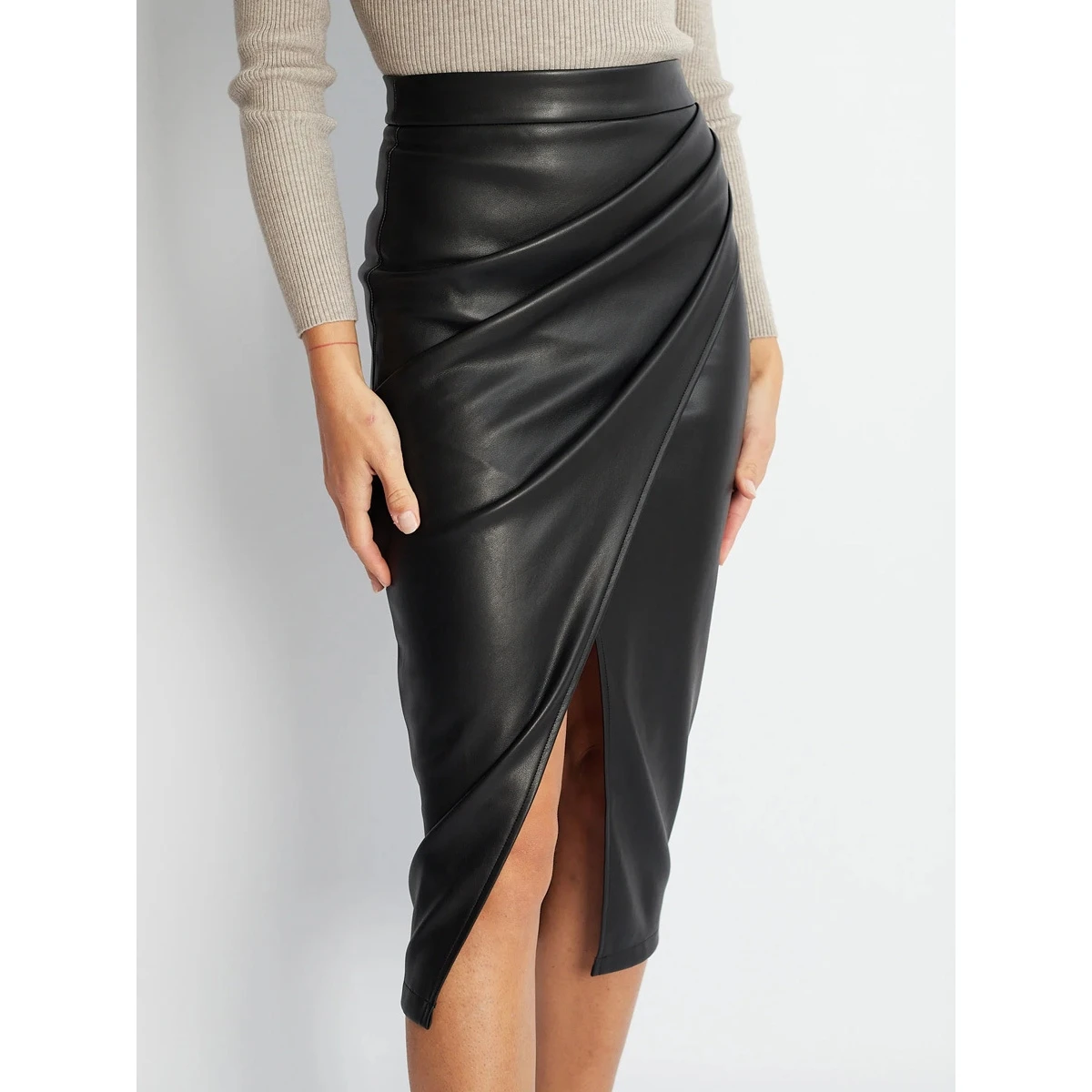 Sexy High Waist PU Half Skirt with Slit Cross-Border Women's Fashion Spring Autumn Winter Zipper Pleated Wrap around Skirt