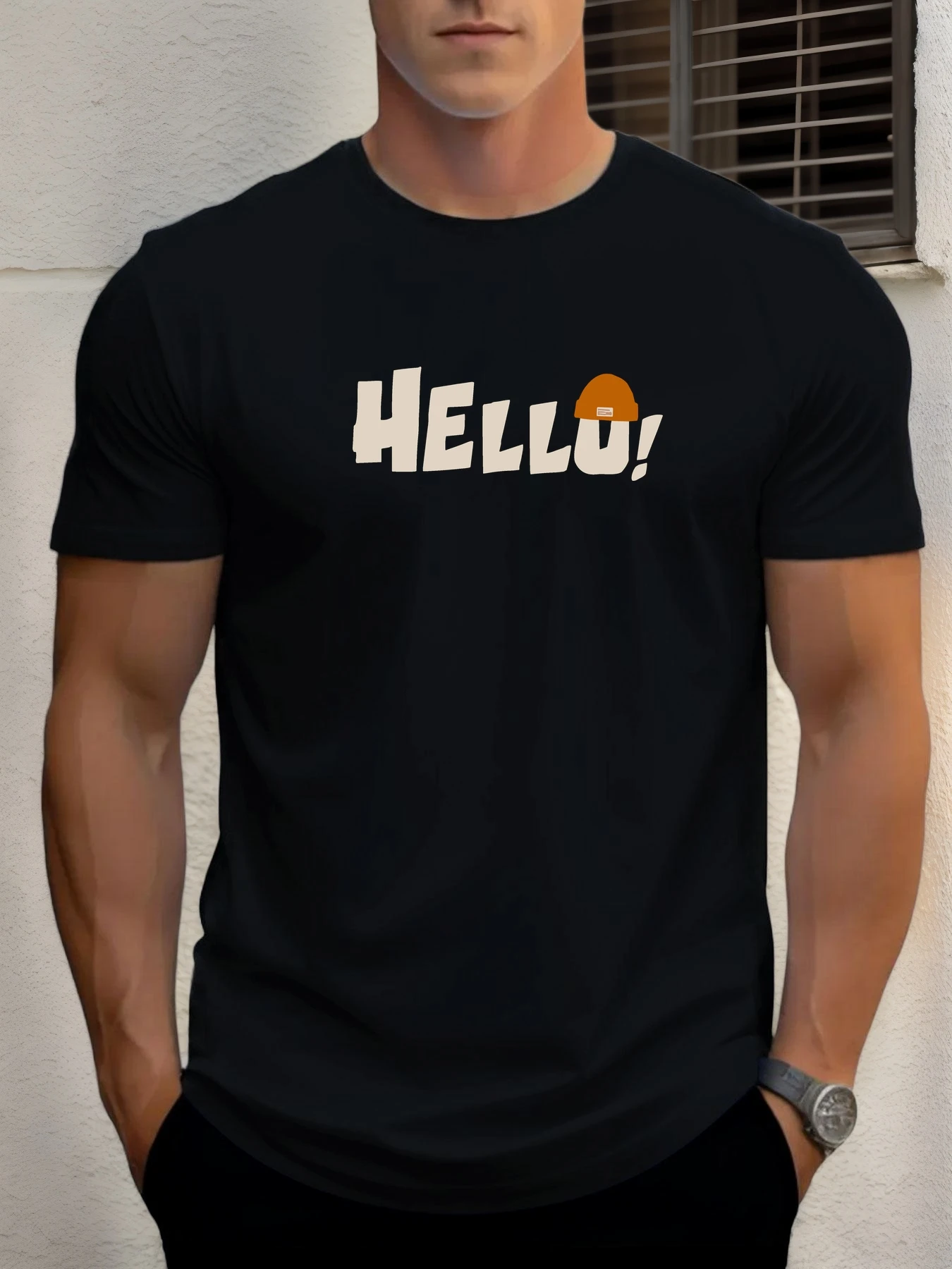 

Men's cotton T-shirt, summer round neck short sleeves, HELLO printed breathable street clothing fashion cool T-shirt