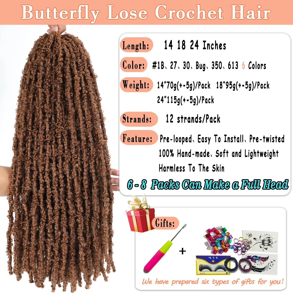 14 18 24 Inch Synthetic Butterfly Locs Crochet Hair Dreadlocks Brown Ginger Pre-looped Distressed Faux Locs Butterfly Locks Hair