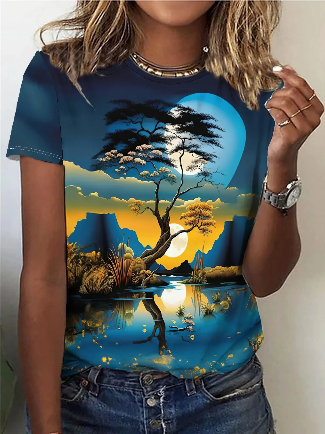 Women's Tee - Moonlit Tree & Lake Landscape Graphic, Serene Night Scenery Design for Casual Daily Wear