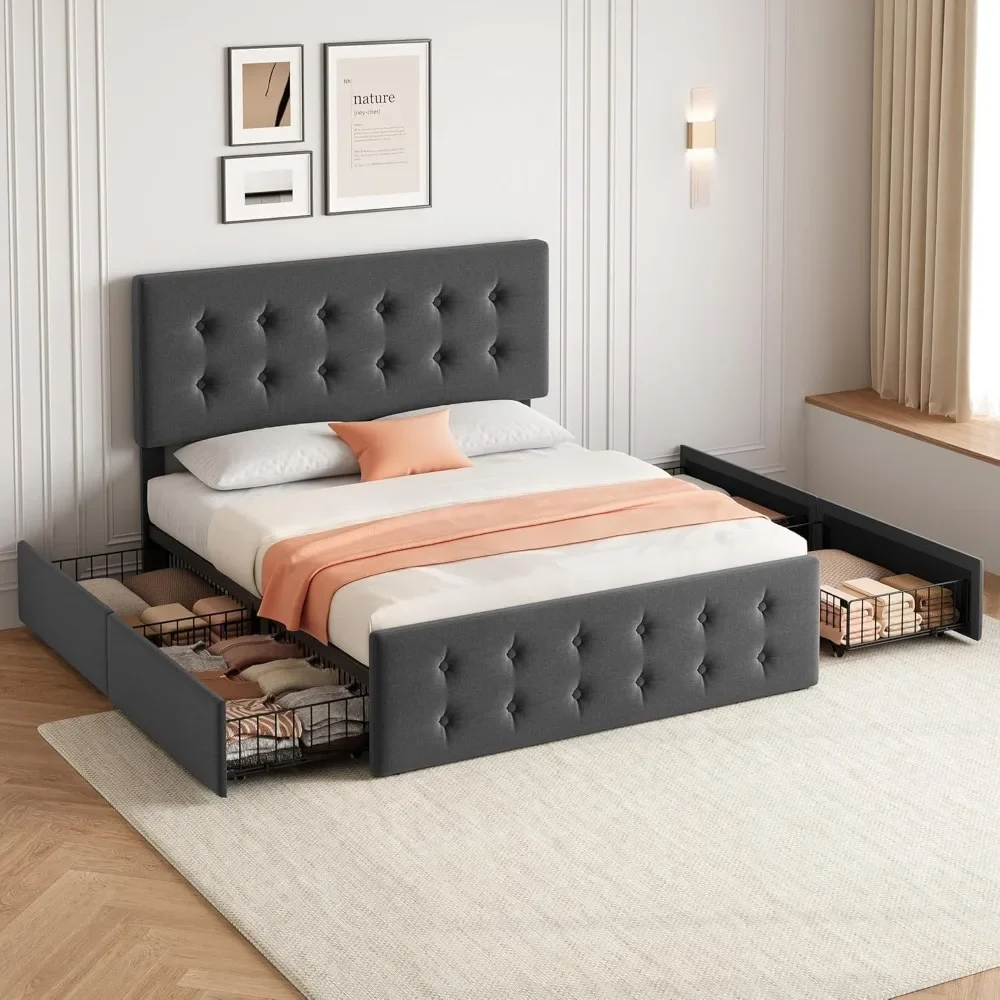 Marco de cama Queen con 4 cajones de almacenamiento y cabecera, marco de cama con plataforma de lino, listones de madera, soporte sin necesidad de somier, marco de cama