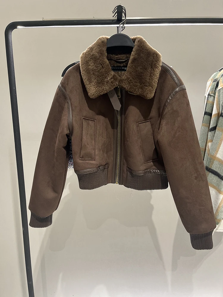 

Winter Women's Suede Velvet Coat Fashion Plush Turn Down Collar Motorcycle Suit Korean Thickened Warm Short Cotton Jackets