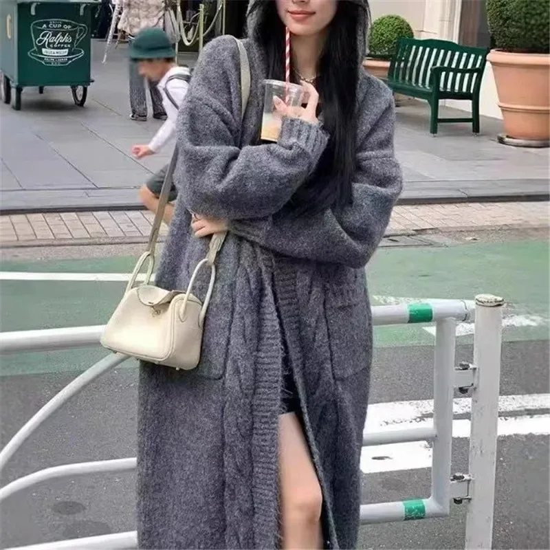 

Korean Fashion Cashmere Wool Thicken Long Cardigan Women 2025 New Winter Hooded Womens Sweater Loose Long Sleeve Jumper Knitwear