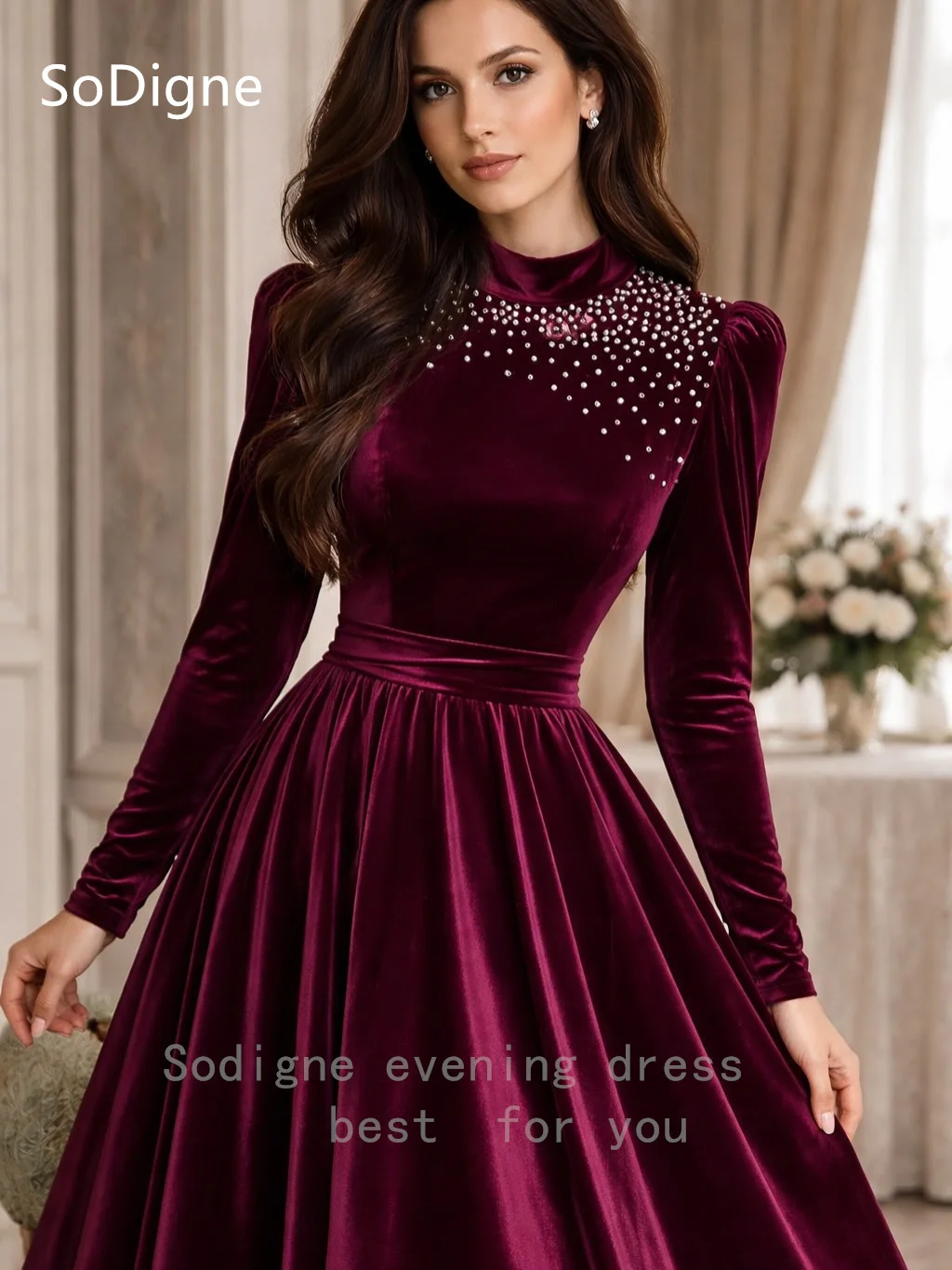 SoDigne Elegant Burgundy Velvet Prom Dresses High-Neck Beading Full Sleeves Party Dress Draped A-Line Prom Gowns Customized