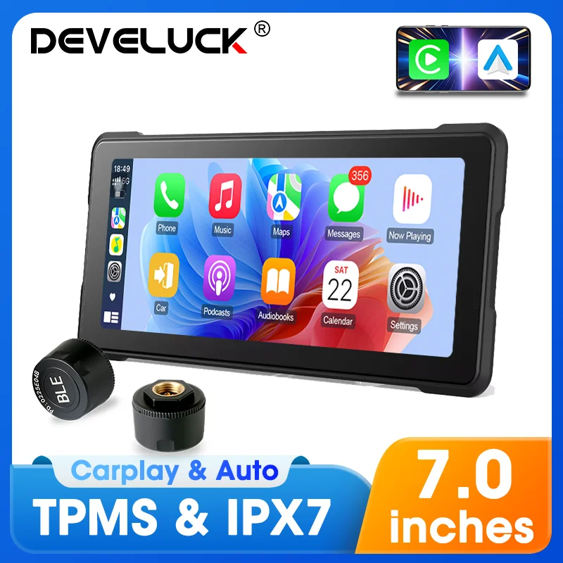 

7-дюймовый портативный мотоцикл Carplay Android Auto TPMS Мото-навигация GPS WIFI Двойная камера Запись видео IPX7 Водонепроницаемый дисплей