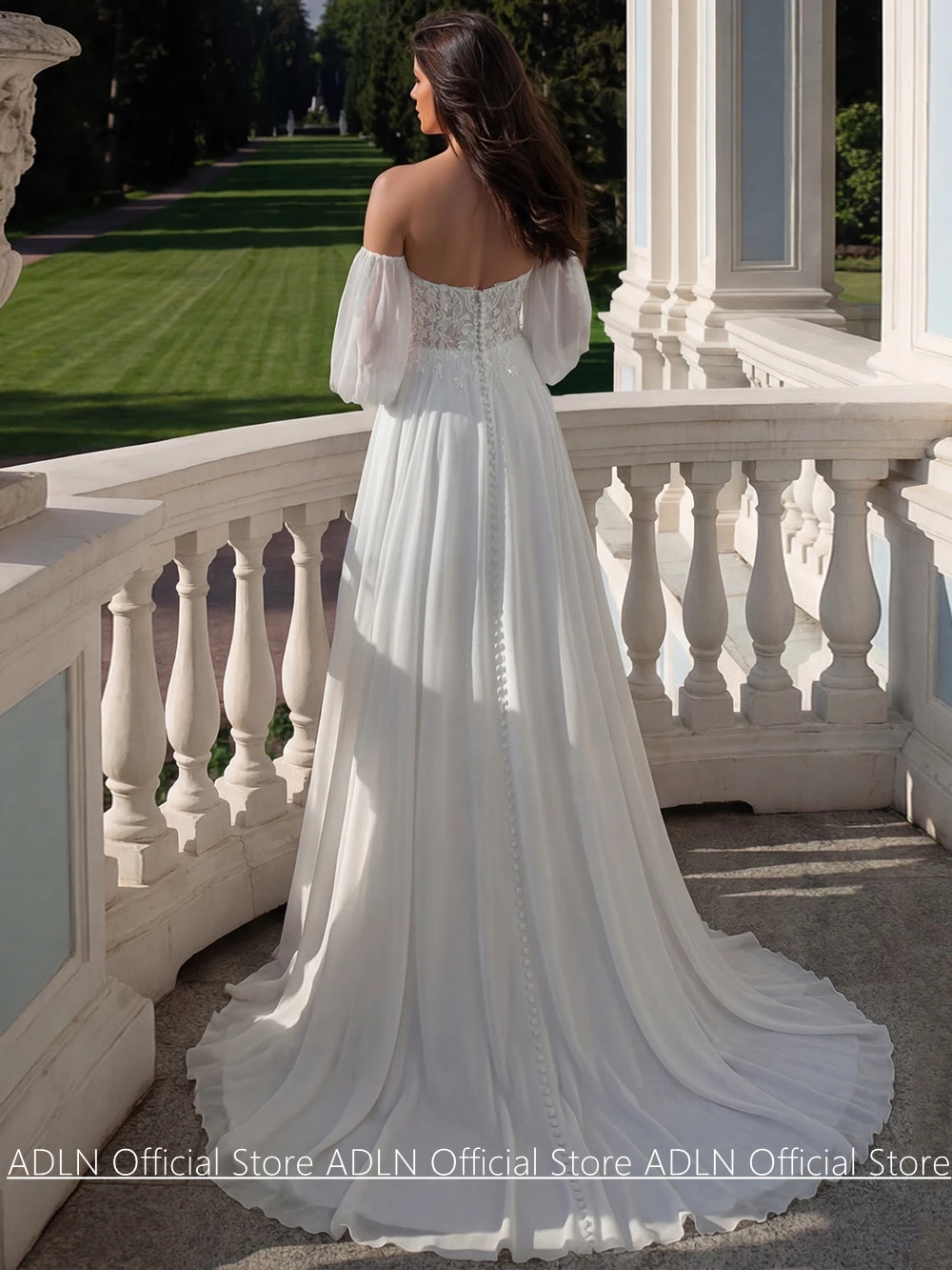 Customized Wedding Dress Puff Sleeves Sweetheart Lace Applique Chiffon Sweep Train Bride Bridal Gown Back Zipper Buttons