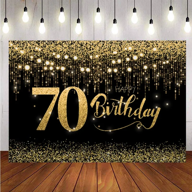 

70th Backdrop Black Gold Birthday Sign Poster Photography Background Banner For Men Women 70th Bday Anniversary Party Supplies