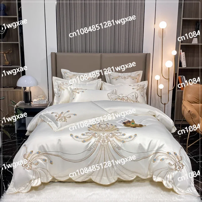 

Bedding Set with Gold Feather Embroidered Cotton Double Layer Down Duvet Cover, Bed Sheets and Pillowcases