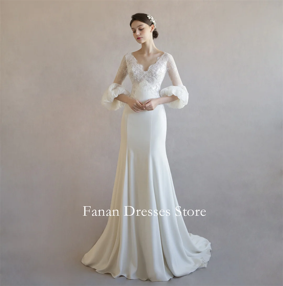 

FANAN Korea V-Neck Satin Lace Elegant Wedding Dresses 웨딩드레스 Corset Mermaid Ivory Customized Pretty Bride Gowns Plus Size