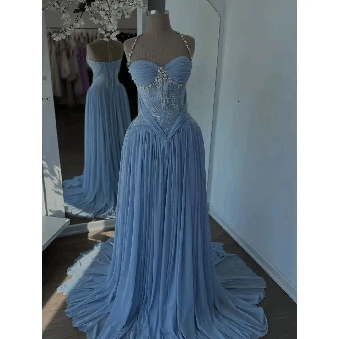JEHETH Customized Mist Blue Multi-Layer Pleated Elegant Evening Dresses Floor-Length vestidos de noche Illusion Lace Prom Gowns