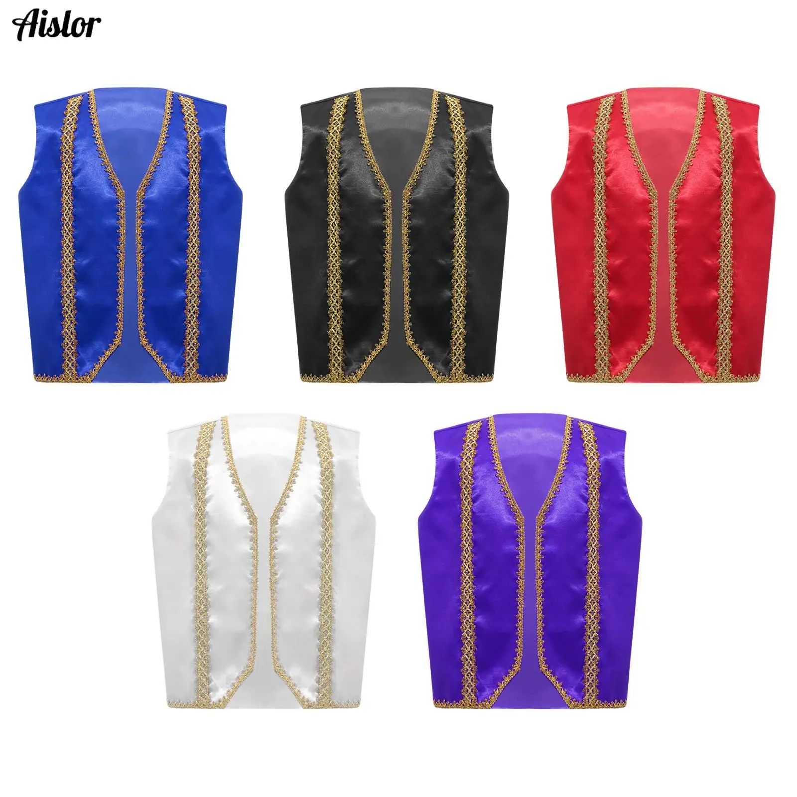 

Kids Medieval Steampunk Tailcoat Sleeveless Golden Decor Trim Vest Gothic Jackets Waistcoat Halloween Carnival Party Costume