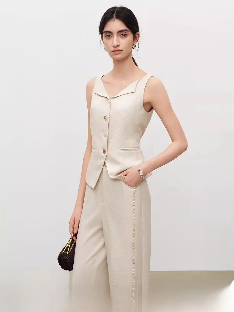

Elegant High Waist Bead Straight Leg Pants Vest Set Women's Fashion Summer Outfit Long Pants High Waist Straight Cut