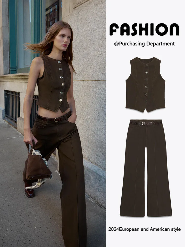 

New Arrival High Waist Wide Leg Denim Vest Women's Faion Autumn Collection Comfortable Fit Classic Sle by ZA2025
