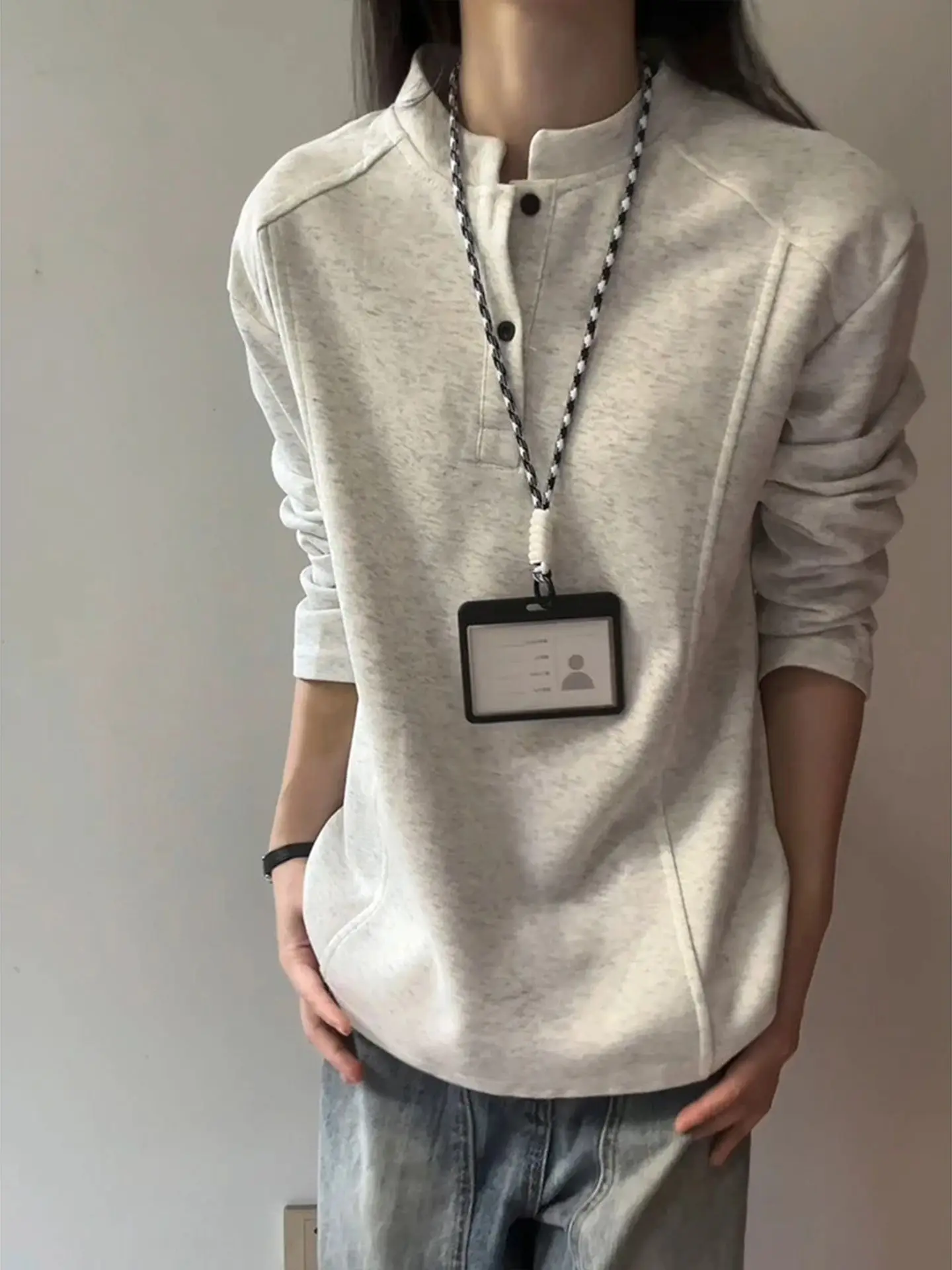 

Женская толстовка-худи в американском стиле, простая, свободная, повседневная, дышащая, износостойкая, с микроэластичным воротником-стойкой (хенли)