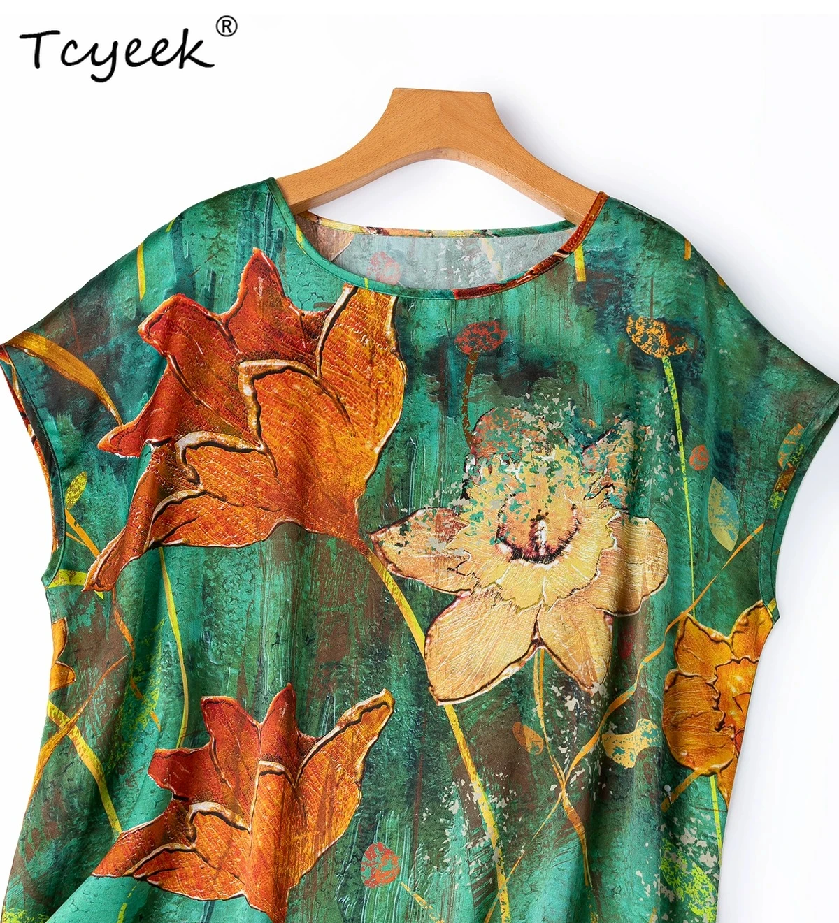 

Tcyeek 93% Mulberry Silk T-Shirt Elegant T-shirts for Women Summer Clothes 19MM Silk Skin-friendly Womens Tops Mid-length Loose