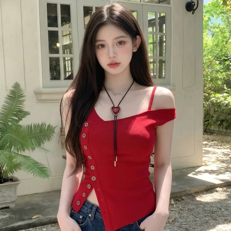 Summer New Pure Desire Embroidered Button Splice Irregular Oblique Shoulder Vest Women Slim Fixed Band Chest Pad Top