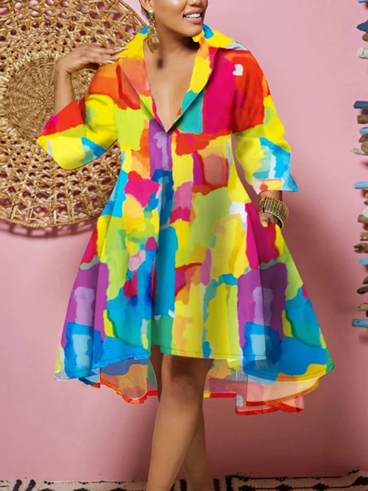 Plus Size Melting Colors All-over Print Flowy Shirt Dress