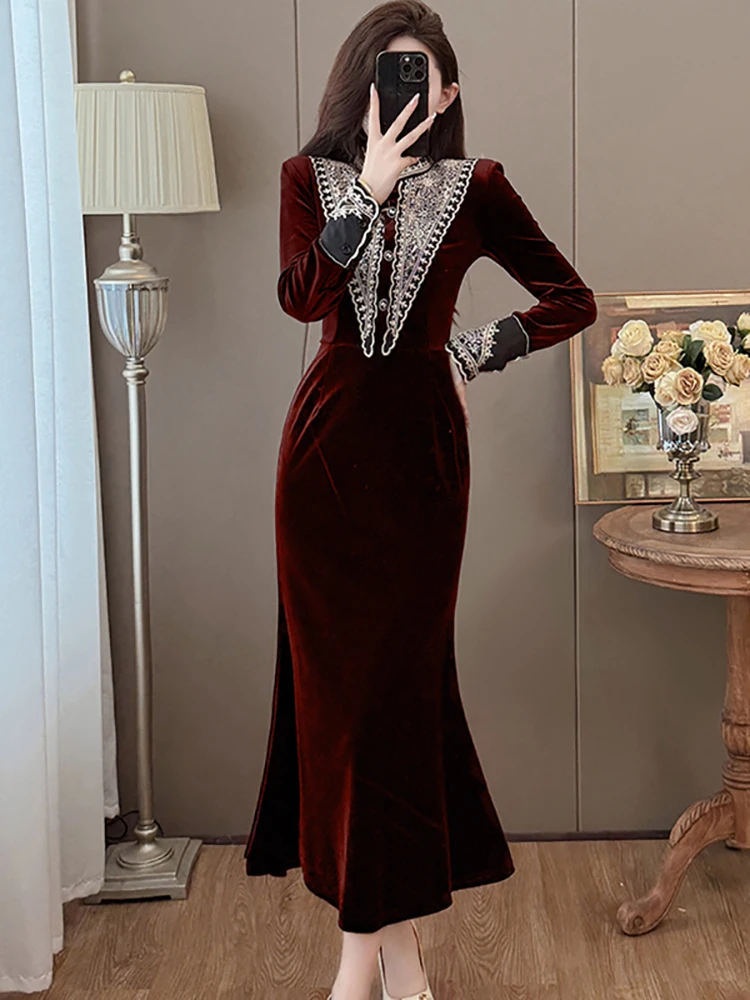 Women Red Velvet Chic Lace Embroidery Dress Autumn Winter Korean Vintage Luxury Dress 2026 Elegant Bodycon International Dresses