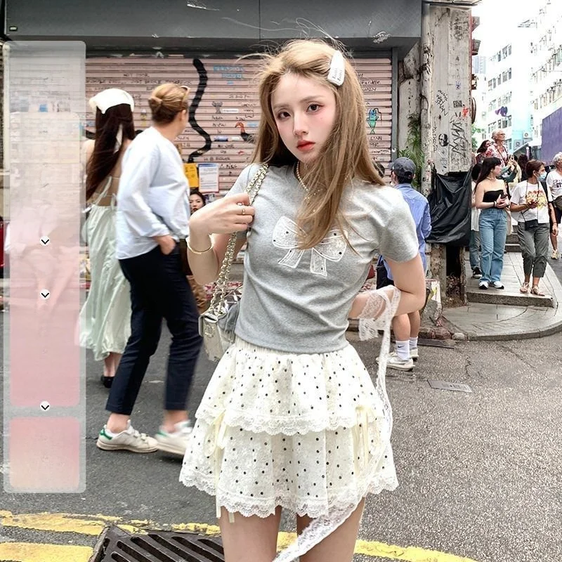 

Polka Dot White Lace Tie Baked Cake Skirt Summer New Sweet Versatile Girl Feeling f Skirt ort Skirt Korean Sle Commute