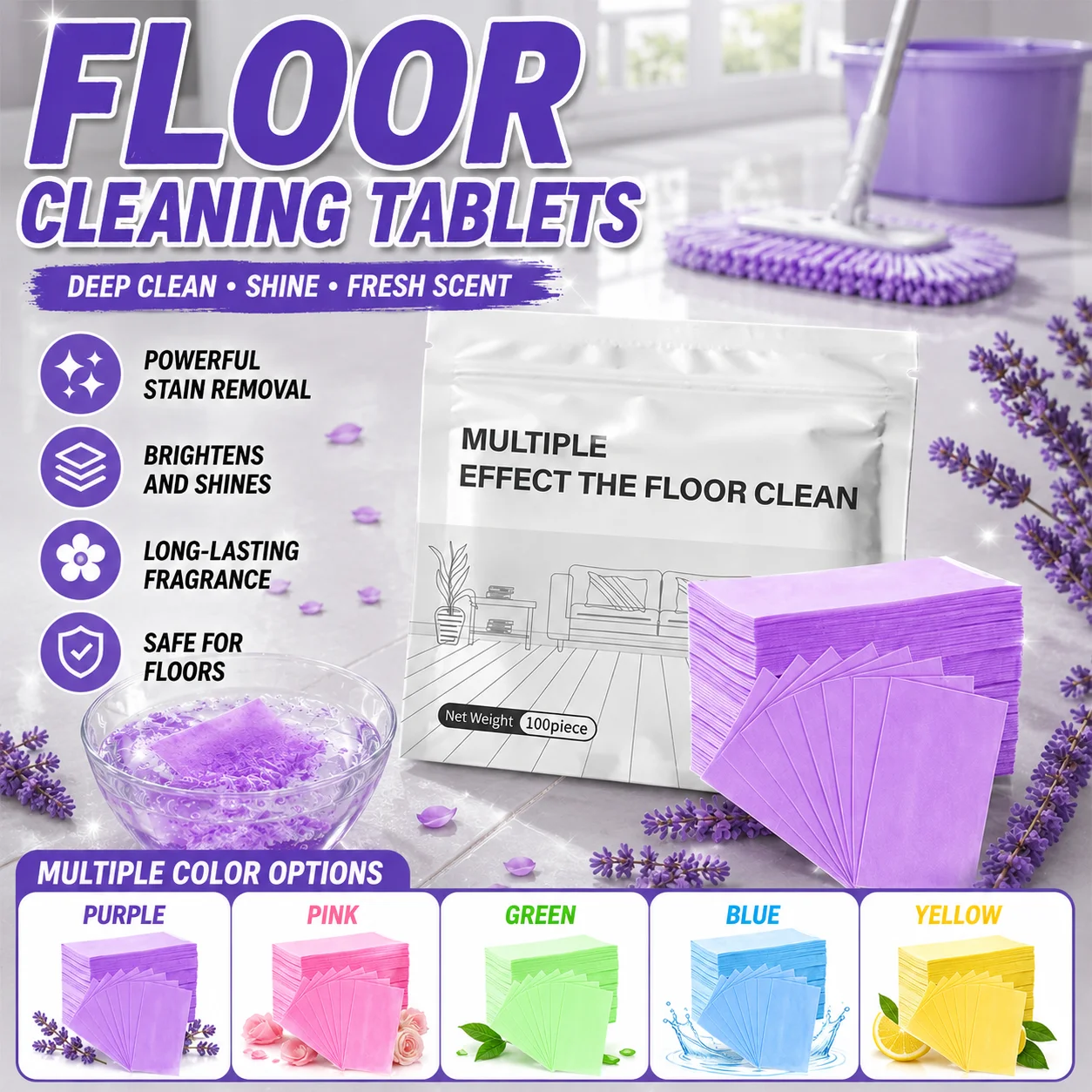 Multi Scented Floor Cleaning Tablets 100pcs Stain Removing Floor Cleaner Fresh Fragrance Safe For Multiple Floor Surfaces