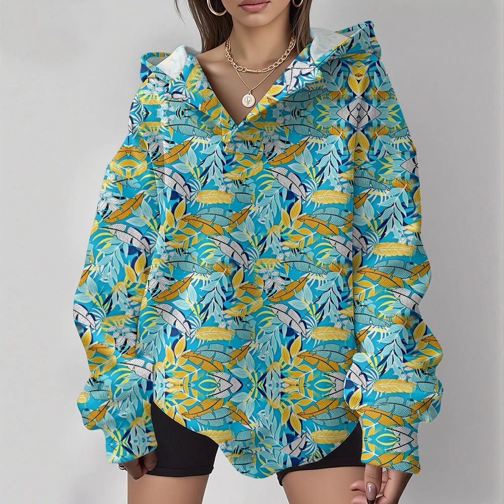 Women's Loose Fit V-Neck Graphic Hoodie Colorful Leaf Print Sweatshirt for Autumn Winter Casual Streetwear Oversized Pullover