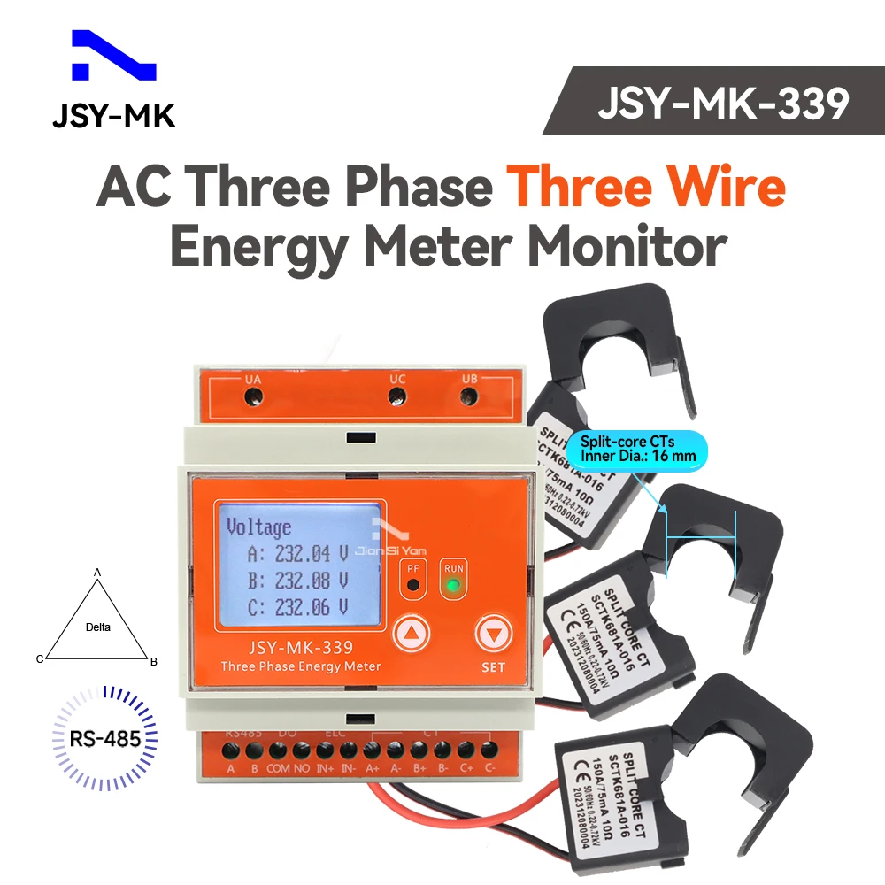 

JSY-MK-339 RS485 150A 3P3W Delta LCD Display Digital AC Energy Meter Monitor with Split-core Current Transformer Sensor