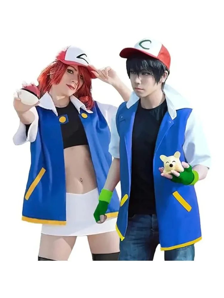 Mannen Anime Trainer Cosplay Kostuum Jongens Ash Ketchum Volwassen voor Meisjes Halloween Vrouwen Disfraz Party Blauwe Jas Cap en Handschoenen Sets - afbeelding 2