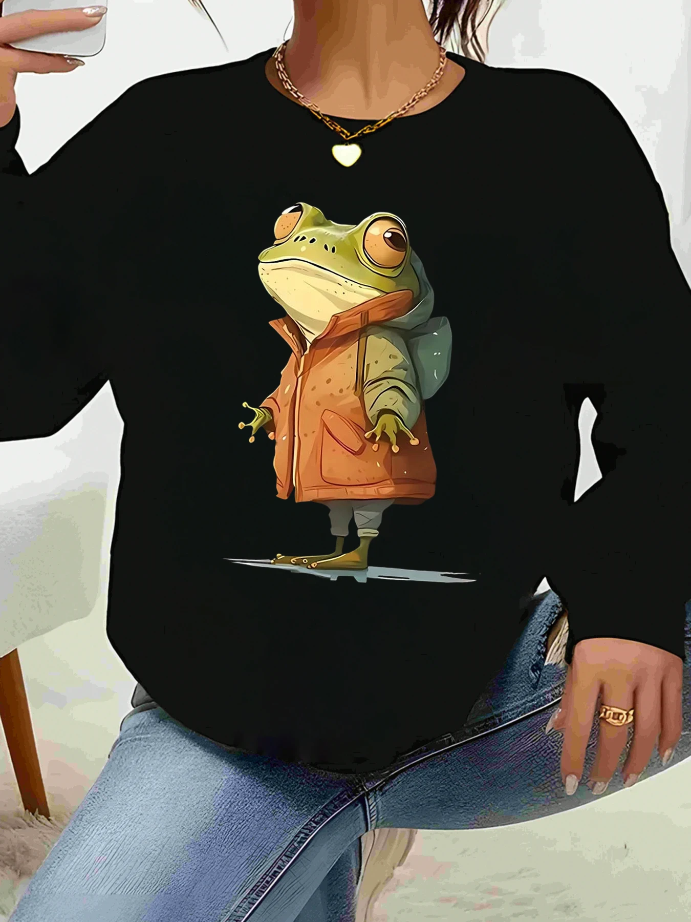 سويت شيرت بطبعة سترة برتقالية على شكل ضفدع للهالوين ملابس غير رسمية على الموضة النسائية #1