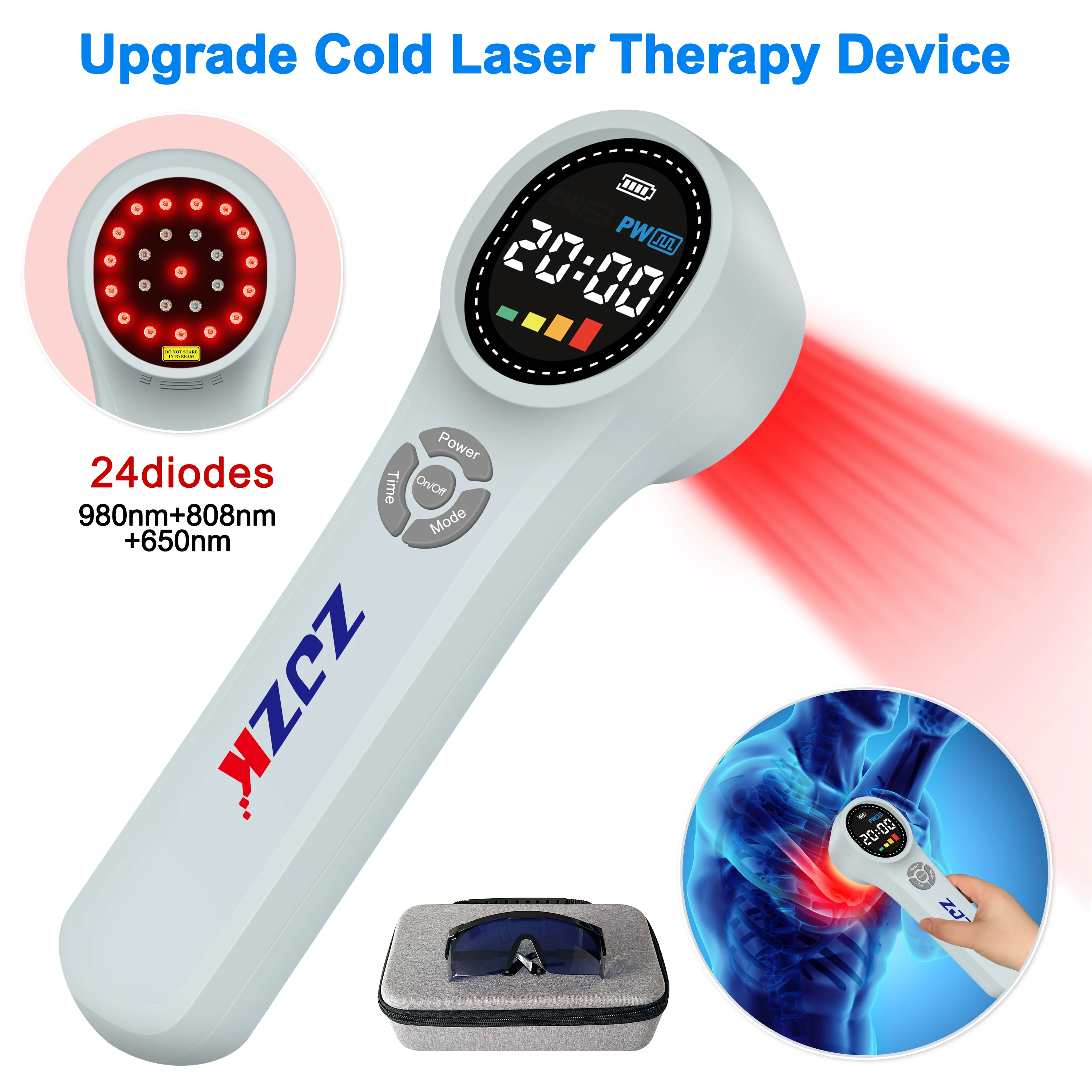 

ZJZK Handheld Laser Therapy Device 24 Diodes 4x980nm 4x810nm 16x660nm 1760mW Pain Relief Tissue Repair Injury Healing Home Use