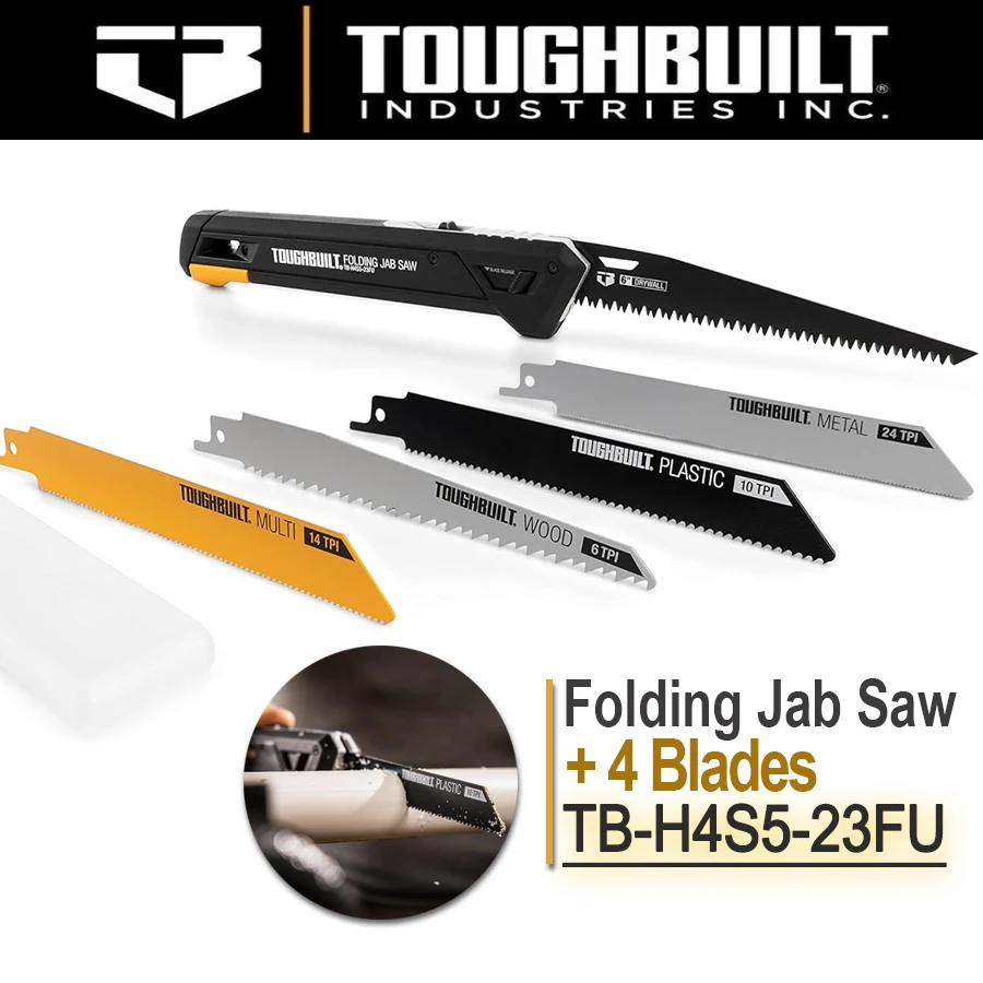 

ToughBuilt 5-in-1 Folding Jab Saw + 4 Blades Saw Blades Designed to Cut Wood, Plastic, Metal, and Drywall Materials TB-H4S5-23FU